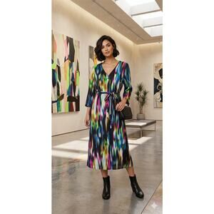 ICHI for Anthropolgie Abstract Vibrant Brushstroke Print Midi Dress Avant-Garde